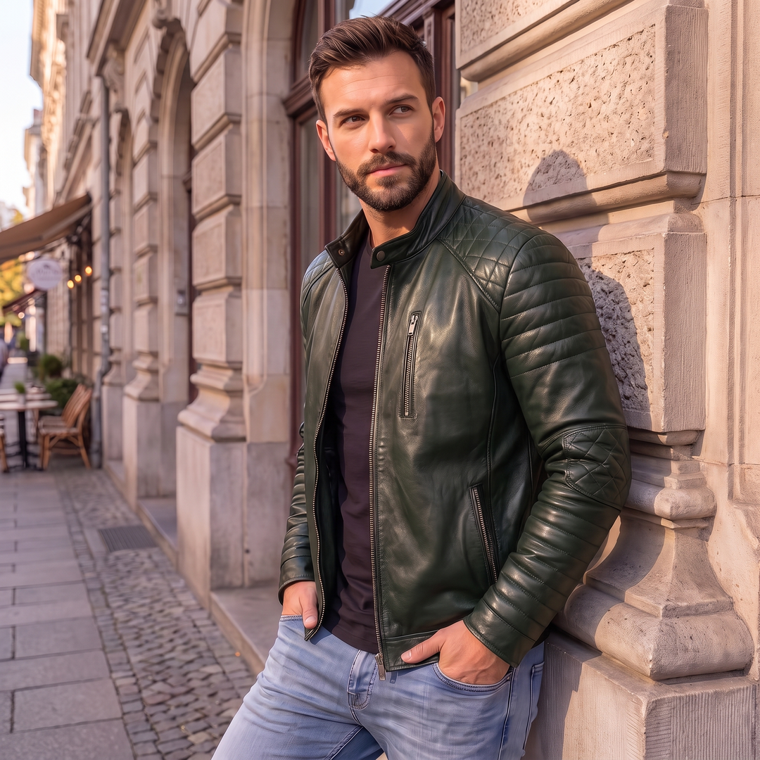 Men's Premium Dark Green Faux Leather Biker Jacket | Stand Collar Zip-Up Motorcycle Jacket | Quilted Shoulder Casual Winter Jacket | Regular Fit