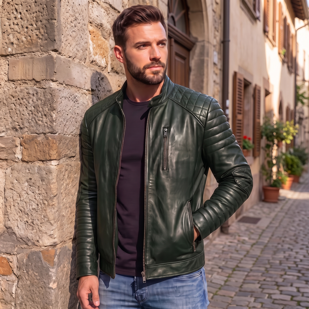 Men's Premium Dark Green Faux Leather Biker Jacket | Stand Collar Zip-Up Motorcycle Jacket | Quilted Shoulder Casual Winter Jacket | Regular Fit