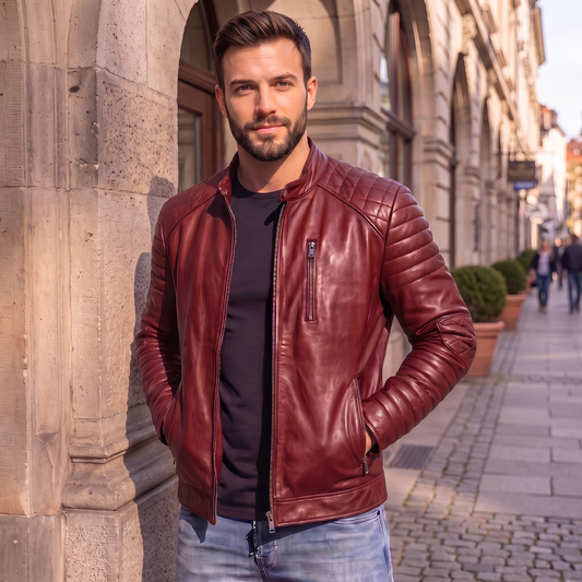 Men's Premium Maroon Faux Leather Biker Jacket | Stand Collar Zip-Up Motorcycle Jacket | Quilted Shoulder Casual Winter Jacket | Regular Fit