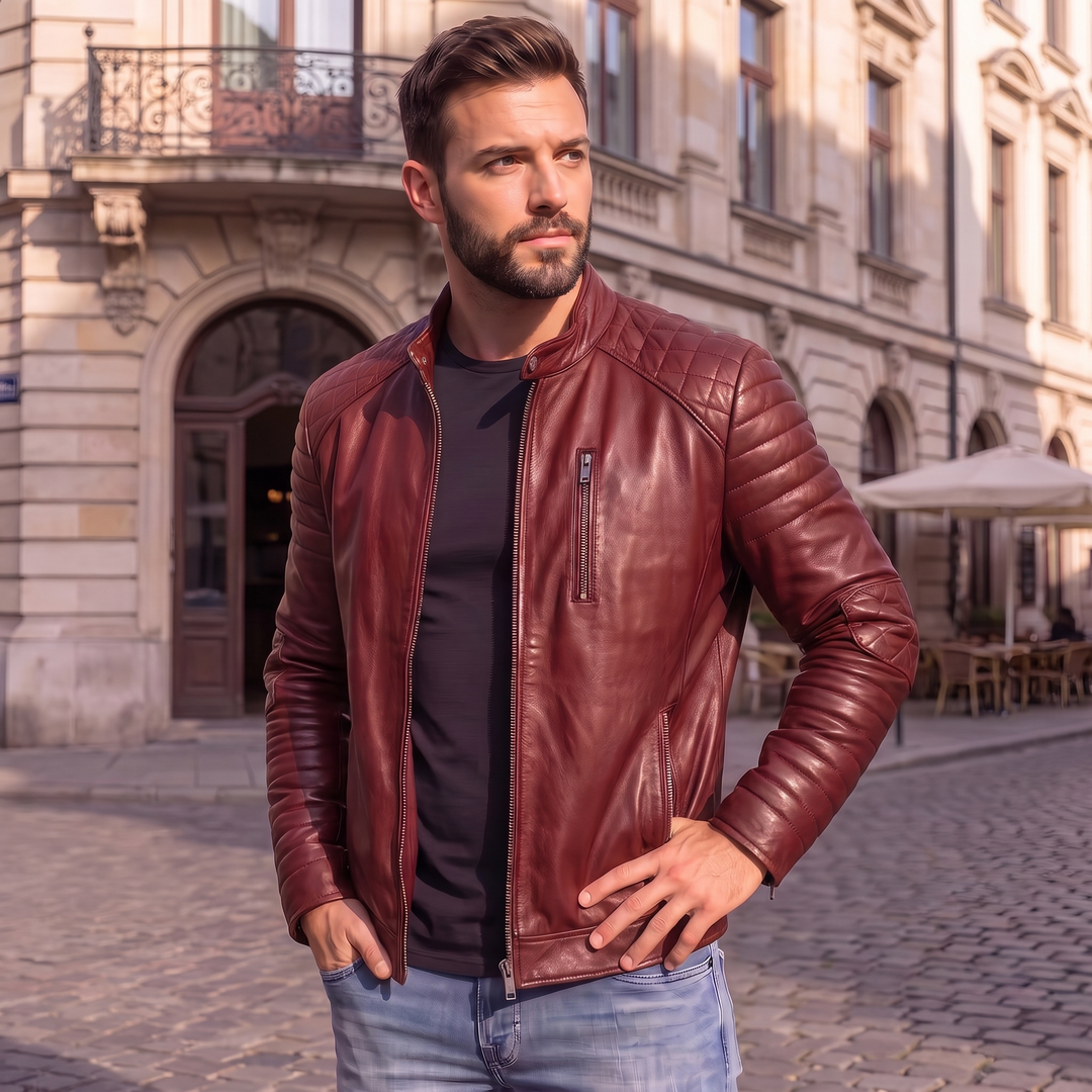 Men's Premium Maroon Faux Leather Biker Jacket | Stand Collar Zip-Up Motorcycle Jacket | Quilted Shoulder Casual Winter Jacket | Regular Fit