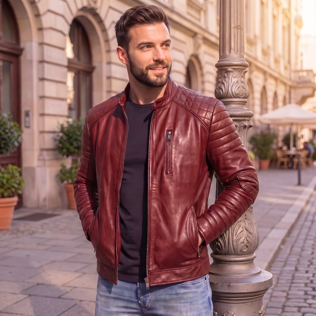 Men's Premium Maroon Faux Leather Biker Jacket | Stand Collar Zip-Up Motorcycle Jacket | Quilted Shoulder Casual Winter Jacket | Regular Fit