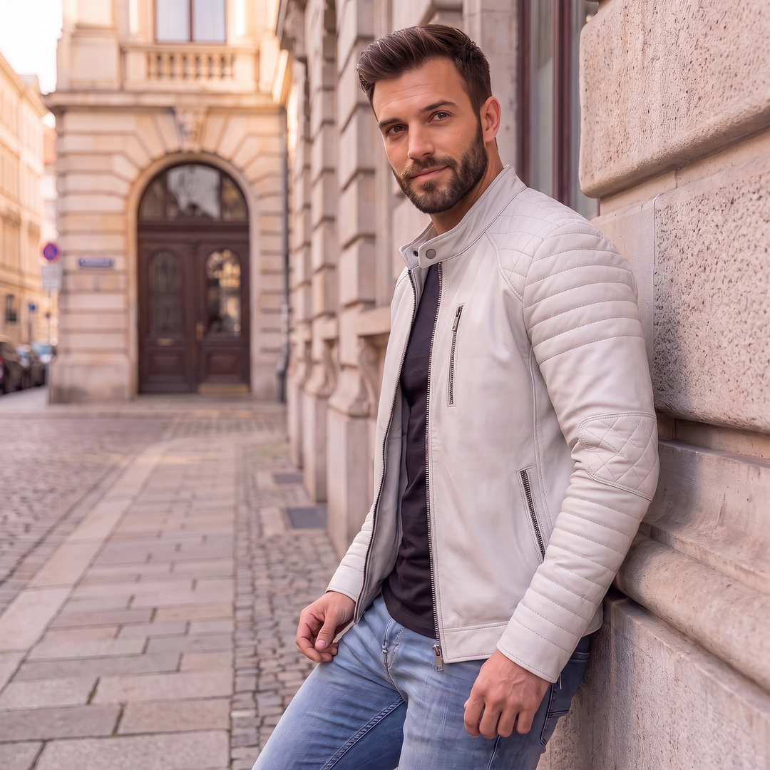 Men's Premium White Faux Leather Biker Jacket | Stand Collar Zip-Up Motorcycle Jacket | Quilted Shoulder Casual Winter Jacket | Regular Fit