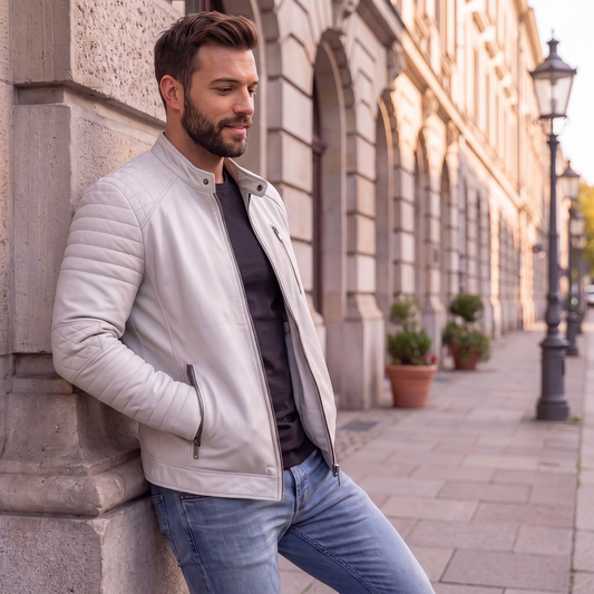 Men's Premium White Faux Leather Biker Jacket | Stand Collar Zip-Up Motorcycle Jacket | Quilted Shoulder Casual Winter Jacket | Regular Fit