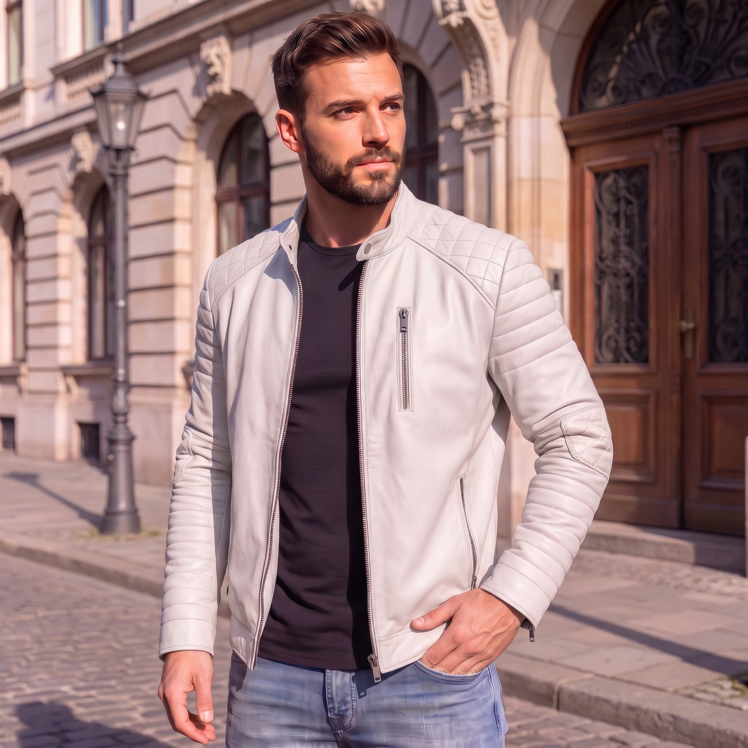 Men's Premium White Faux Leather Biker Jacket | Stand Collar Zip-Up Motorcycle Jacket | Quilted Shoulder Casual Winter Jacket | Regular Fit