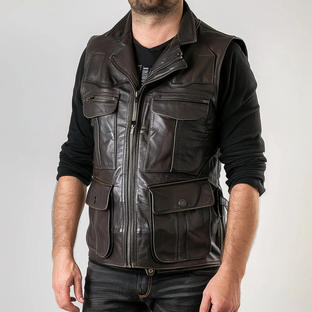 Men's Premium Brown Faux Leather Sleeveless Jacket | Multi-Pocket Zip Front Utility Biker Vest | Regular Fit Casual Outdoor Waistcoat
